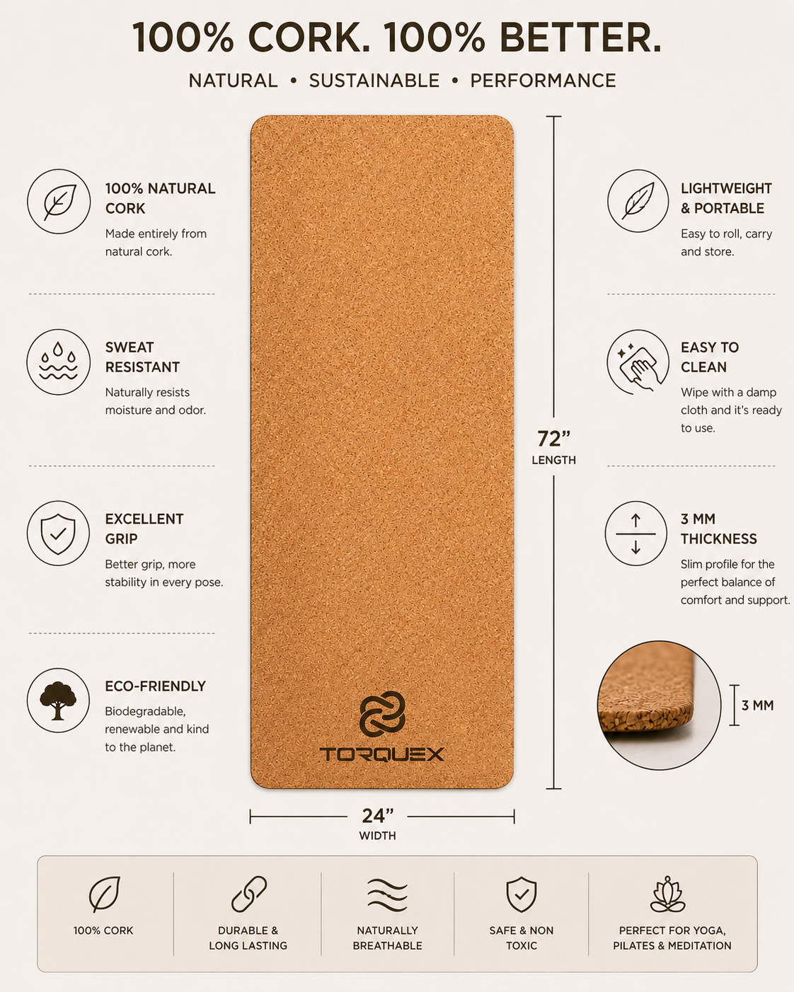 100 % Pure Cork Yoga Mat with Bag | Exercise Mat